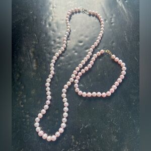 Genuine pearl necklace and bracelet set with 14KT clasps. Pearls are dyed pink.